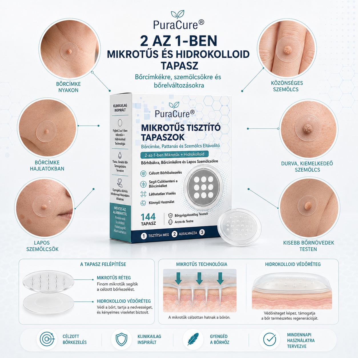 💫PuraCure® 2 az 1-ben mikrotűs és hidrokolloid tapasz 🧑‍⚕️ | Kiálló anyajegyek, aknék, lapos szemölcsök és bőrnövedékek eltávolítására | Segít csökkenteni a ráncokat, hegeket és bőrhibákat | Láthatatlan tapasz az arcra és testre