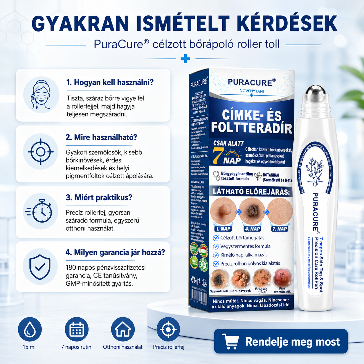 PuraCure® 👩‍⚕️👩‍⚕️👩‍⚕️𝟕 𝐍𝐚𝐩𝐨𝐬 Bőrkinövés- és Folteltávolító Toll Fájdalommentes és Hegmentes Professzionális Rollerball