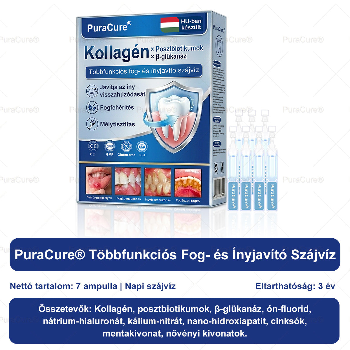 🦷🦷PuraCure® többhatású fog- és ínyregeneráló szájvíz | Kollagén × posztbiotikumok × β-glükanáz